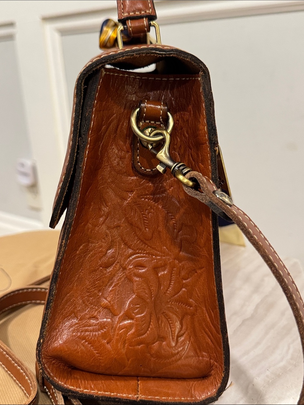 Patricia Nash Chauny Tooled Floral Embossed Brown Leather Satchel - Picture 6 of 17